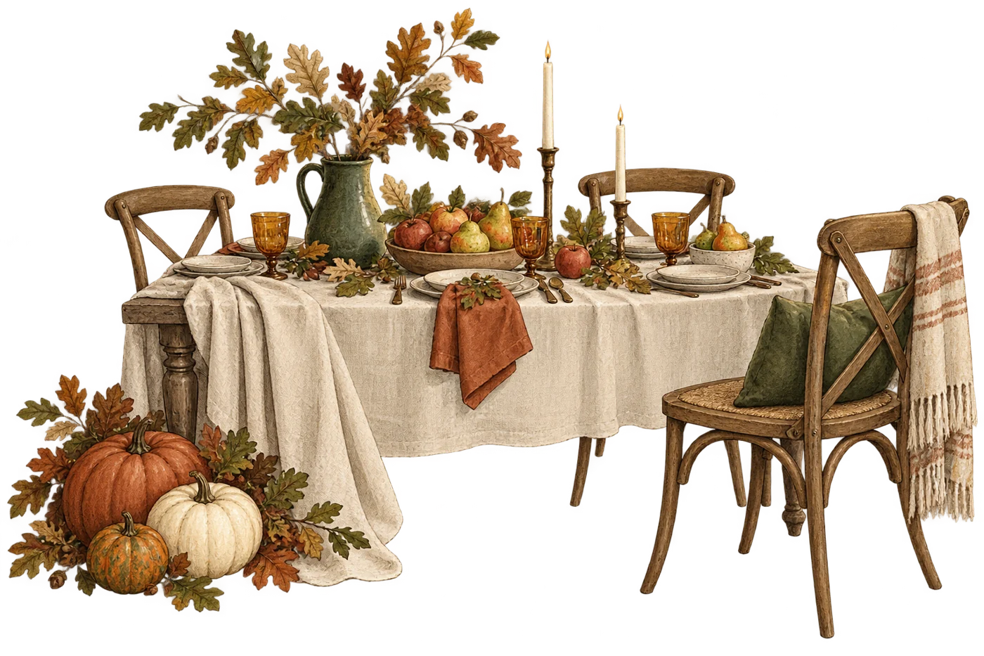 Original autumn illustration of a table set with candles, pears, pumpkins and warm linen.
